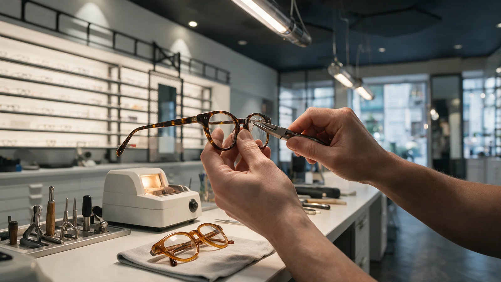 Mains d'un opticien qui ajustent la branche d'une paire de lunettes de vue à l'atelier de la boutique à Pau