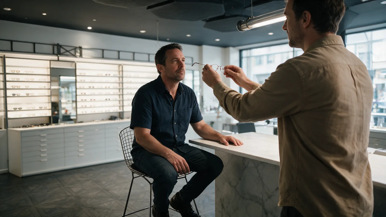 Opticien qui présente une monture de lunettes de vue à un client assis au comptoir pendant l'essayage
