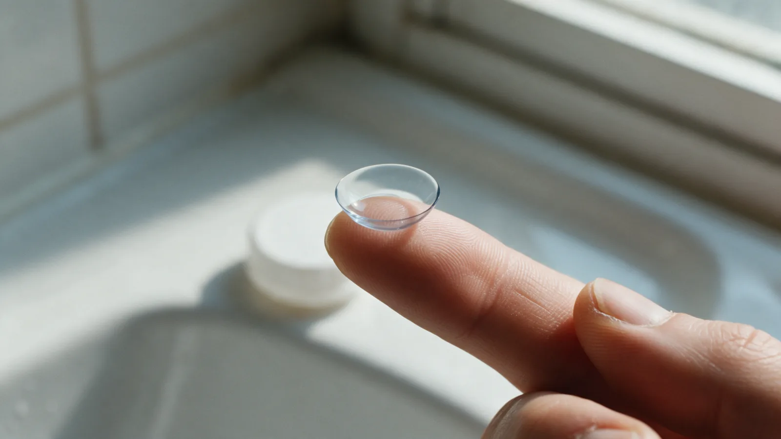 Lentille de contact souple torique posée au bout de l'index, prête à corriger l'astigmatisme