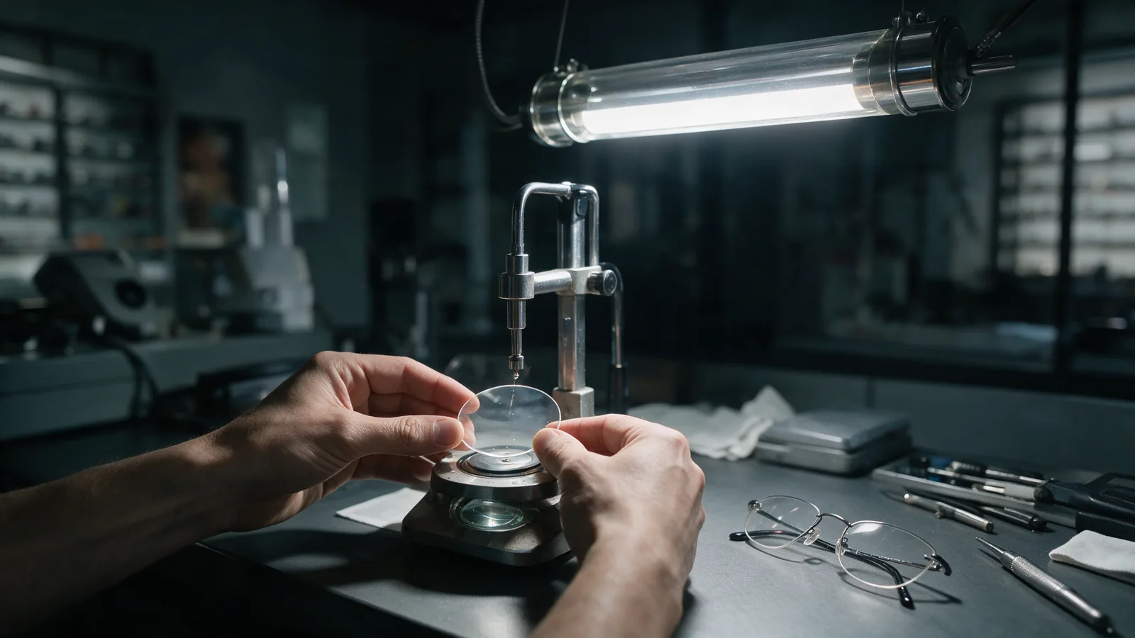 Technicien orientant un verre torique avant son montage dans l'atelier d'un opticien à Pau
