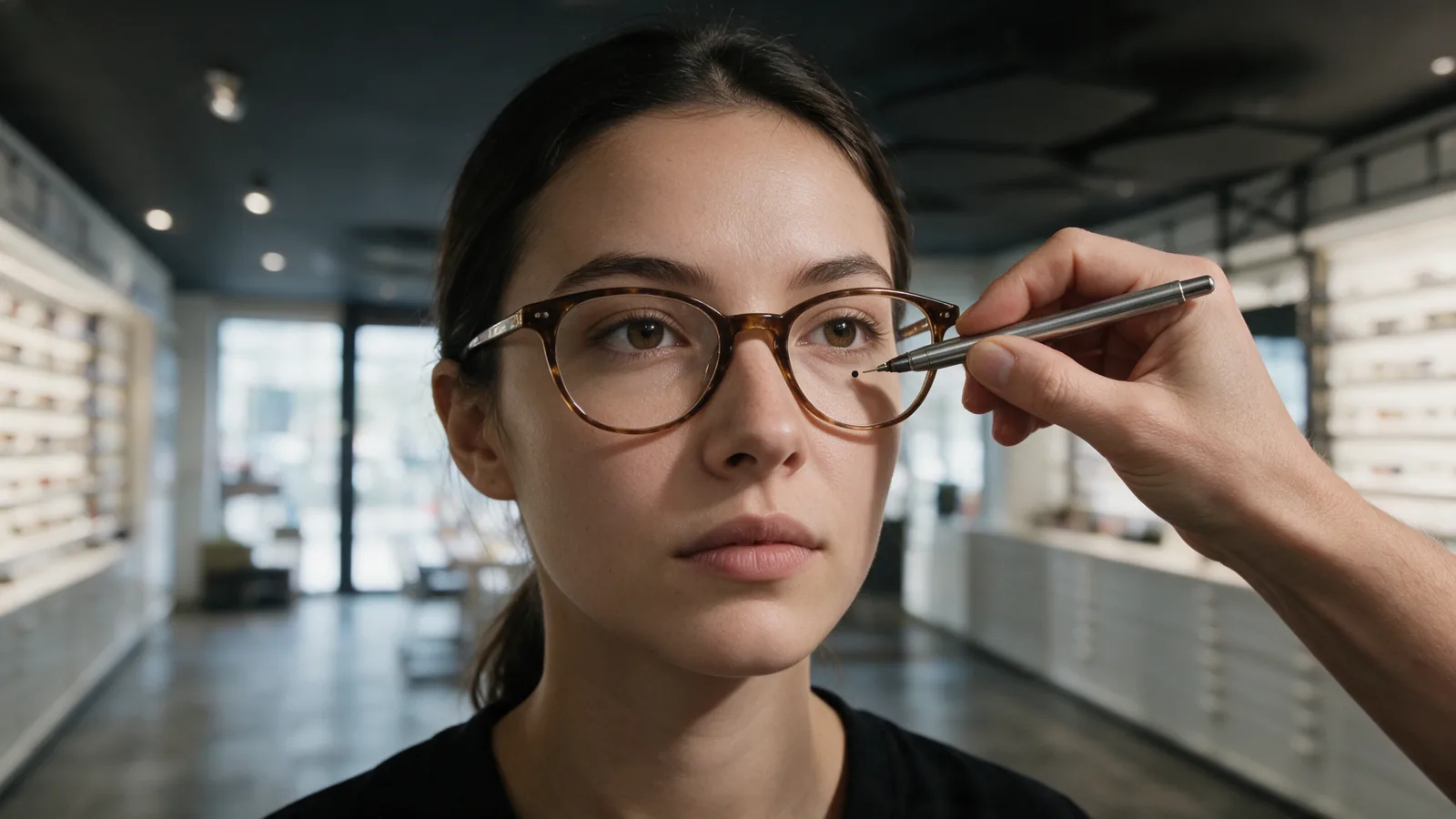 Prise de mesures de centrage : l'opticien repère la pupille sur le verre de présentation de la monture choisie